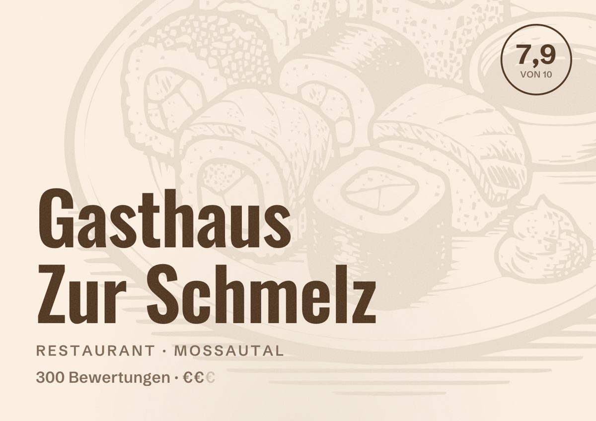 Illustriertes Poster von Gasthaus Zur Schmelz, Restaurant in Mossautal: Bewertung 7,9 von 10 aus 300 Bewertungen, Preisniveau €€
