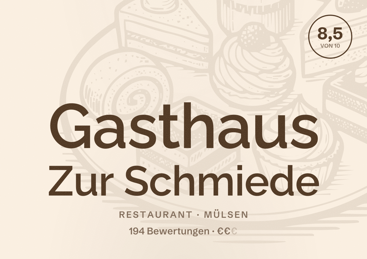 Illustriertes Poster von Gasthaus Zur Schmiede, Restaurant in Mülsen: Bewertung 8,5 von 10 aus 194 Bewertungen, Preisniveau €€