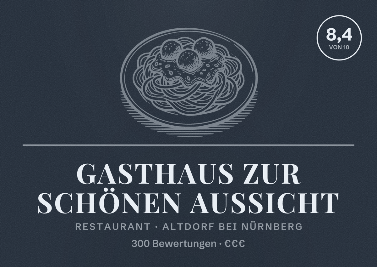 Illustriertes Poster von Gasthaus Zur schönen Aussicht, Restaurant in Altdorf bei Nürnberg: Bewertung 8,4 von 10 aus 300 Bewertungen, Preisniveau €€€