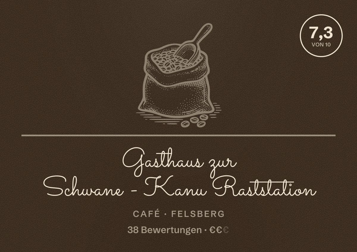 Illustriertes Poster von Gasthaus zur Schwane - Kanu Raststation, Café in Felsberg: Bewertung 7,3 von 10 aus 38 Bewertungen, Preisniveau €€