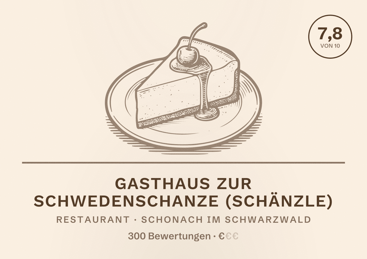 Illustriertes Poster von Gasthaus zur Schwedenschanze (Schänzle), Restaurant in Schonach im Schwarzwald: Bewertung 7,8 von 10 aus 300 Bewertungen, Preisniveau €