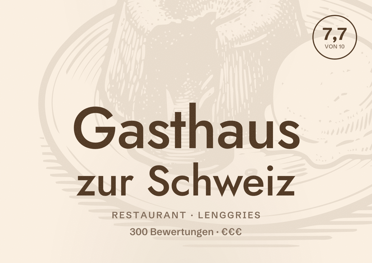 Illustriertes Poster von Gasthaus zur Schweiz, Restaurant in Lenggries: Bewertung 7,7 von 10 aus 300 Bewertungen, Preisniveau €€€