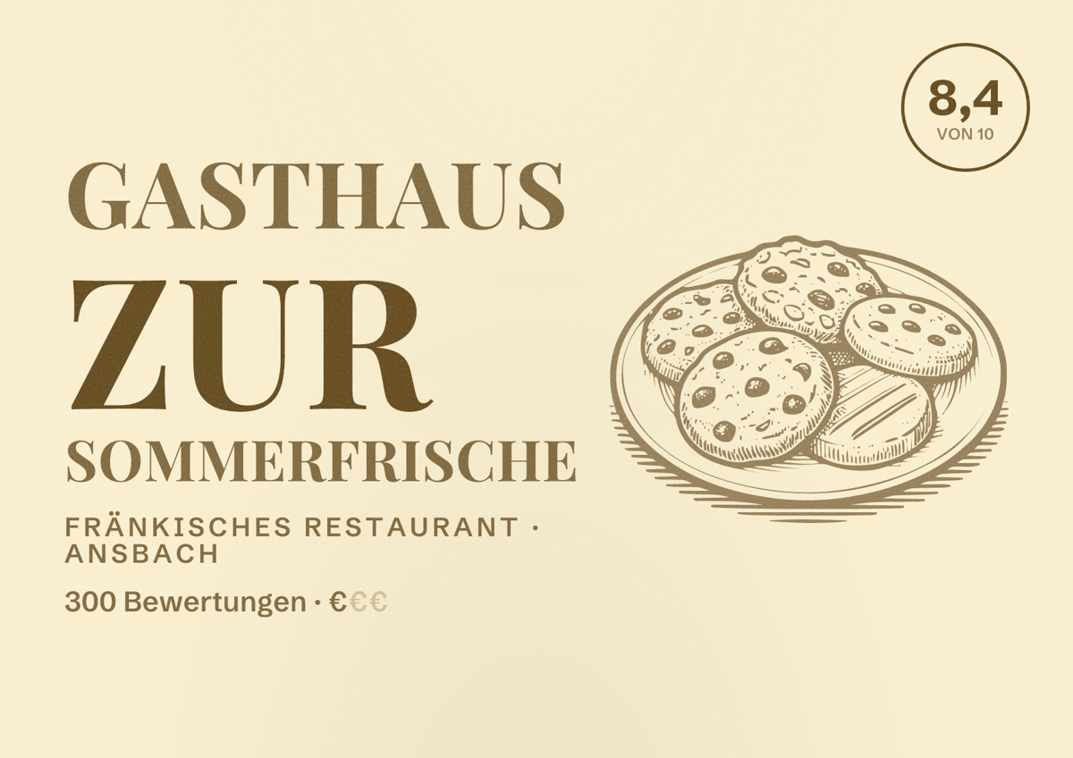 Illustriertes Poster von Gasthaus Zur Sommerfrische, Fränkisches Restaurant in Ansbach: Bewertung 8,4 von 10 aus 300 Bewertungen, Preisniveau €