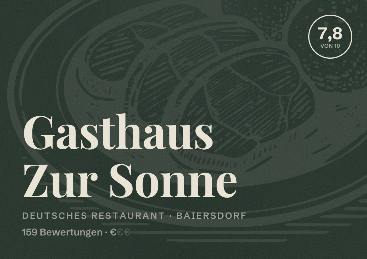 Illustriertes Poster von Gasthaus Zur Sonne, Deutsches Restaurant in Baiersdorf: Bewertung 7,8 von 10 aus 159 Bewertungen, Preisniveau €