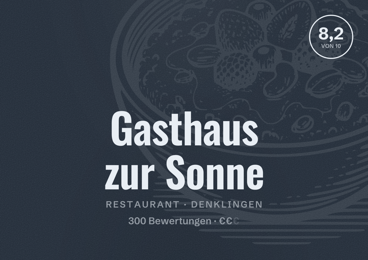 Illustriertes Poster von Gasthaus zur Sonne, Restaurant in Denklingen: Bewertung 8,2 von 10 aus 300 Bewertungen, Preisniveau €€