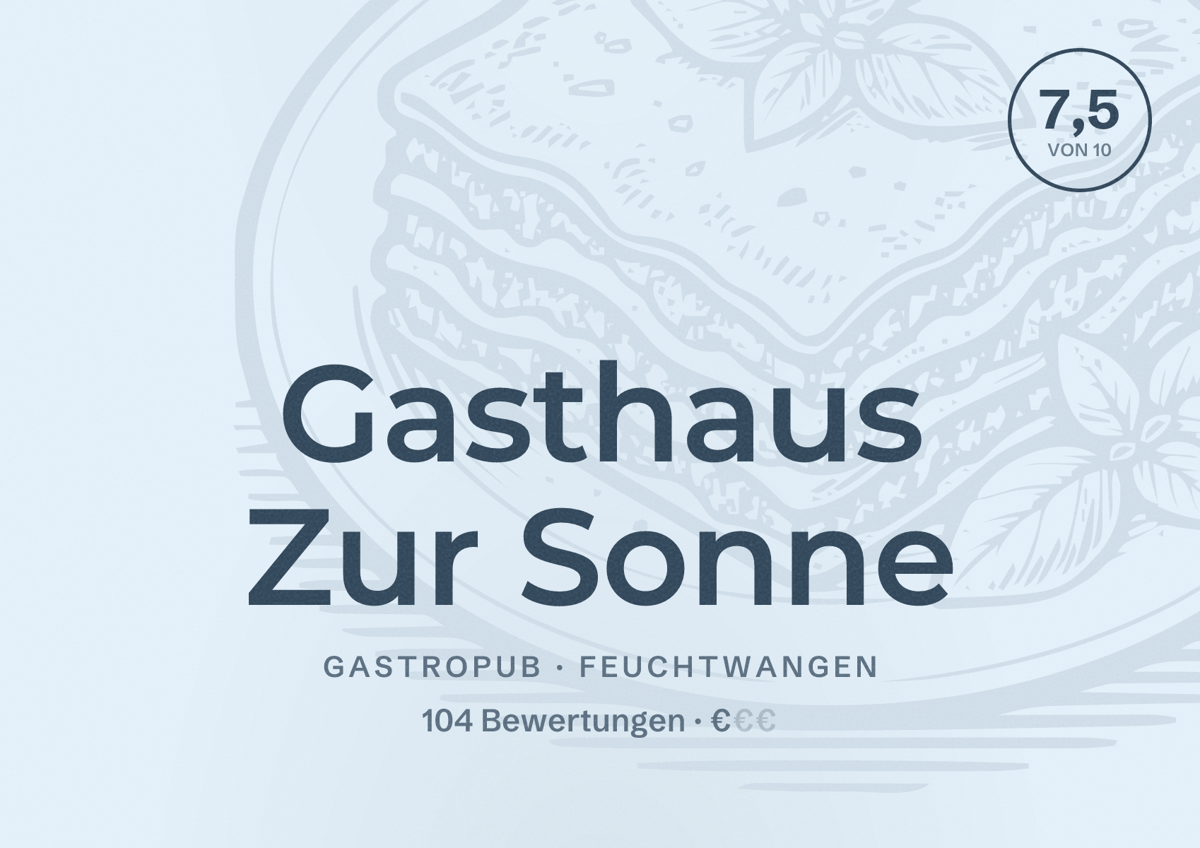 Illustriertes Poster von Gasthaus Zur Sonne, Gastropub in Feuchtwangen: Bewertung 7,5 von 10 aus 104 Bewertungen, Preisniveau €