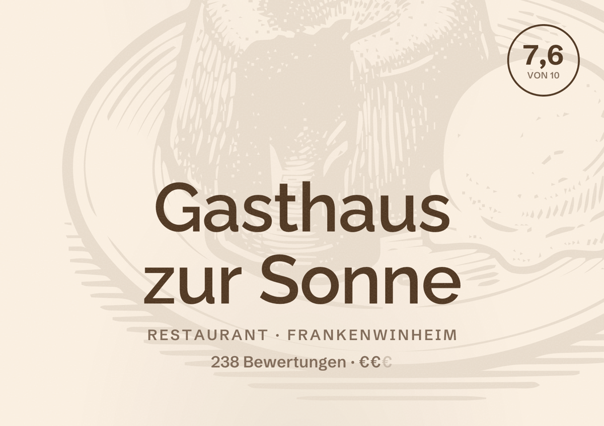 Illustriertes Poster von Gasthaus zur Sonne, Restaurant in Frankenwinheim: Bewertung 7,6 von 10 aus 238 Bewertungen, Preisniveau €€