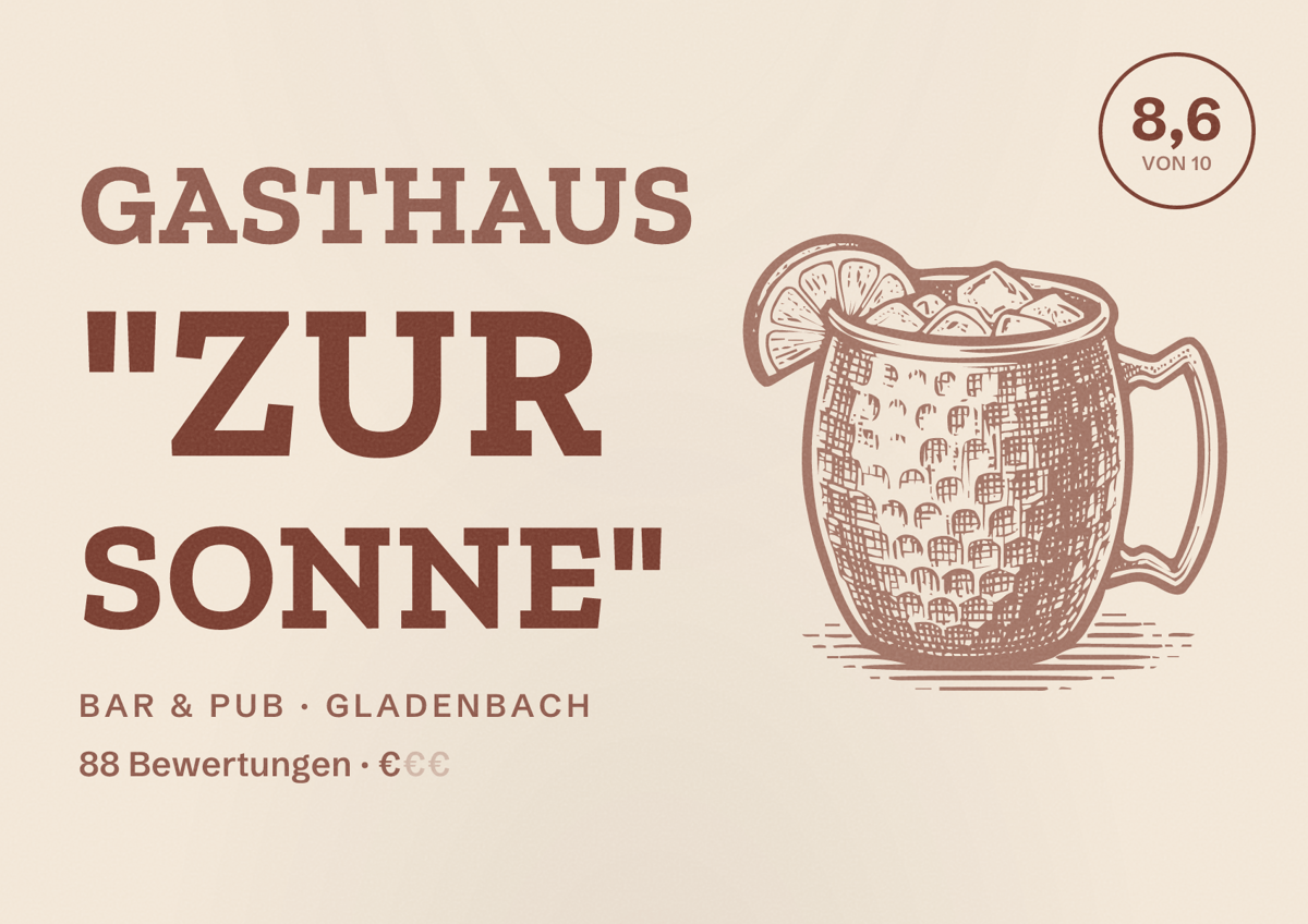 Illustriertes Poster von Gasthaus "Zur Sonne", Bar & Pub in Gladenbach: Bewertung 8,6 von 10 aus 88 Bewertungen, Preisniveau €