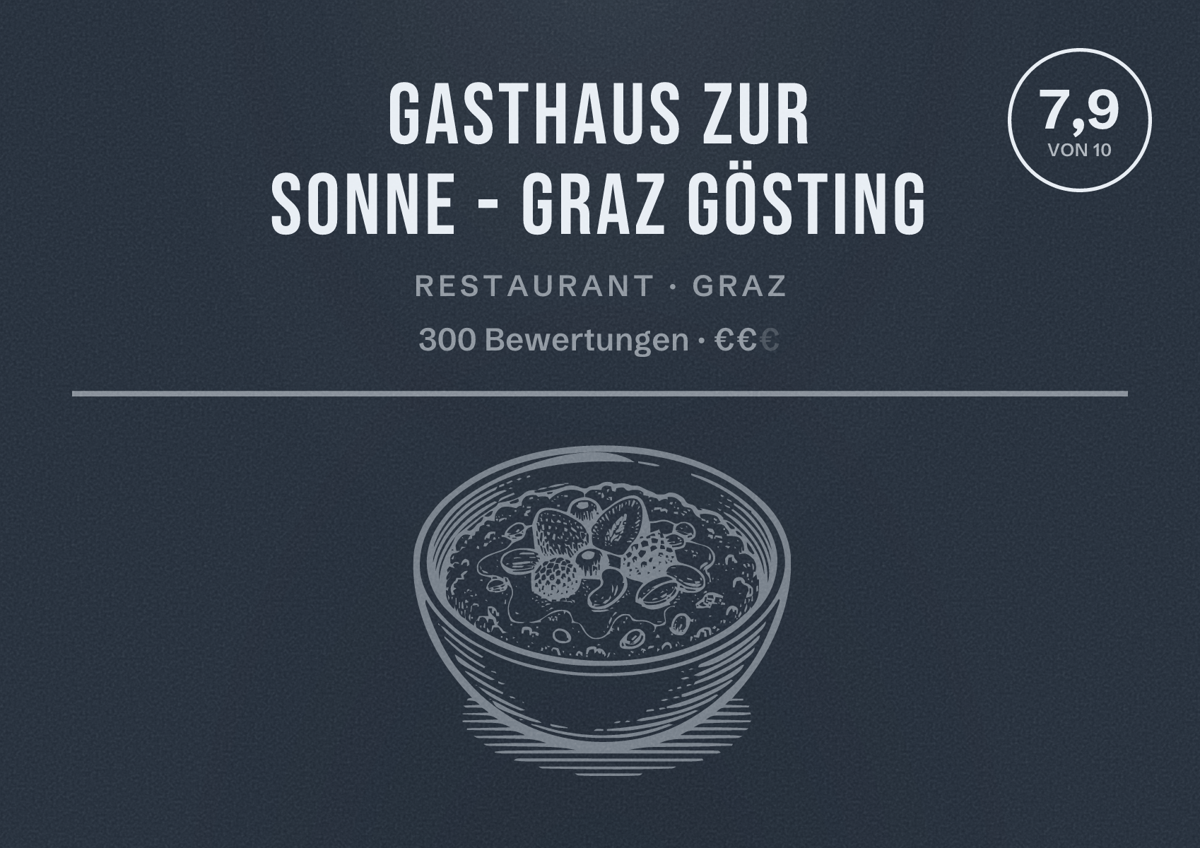 Illustriertes Poster von Gasthaus zur Sonne - Graz Gösting, Restaurant in Graz: Bewertung 7,9 von 10 aus 300 Bewertungen, Preisniveau €€