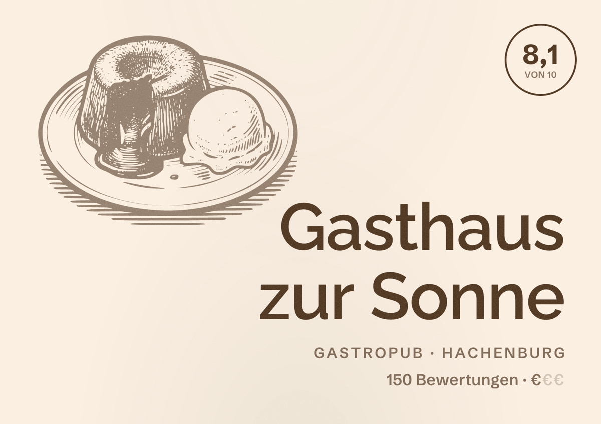 Illustriertes Poster von Gasthaus zur Sonne, Gastropub in Hachenburg: Bewertung 8,1 von 10 aus 150 Bewertungen, Preisniveau €
