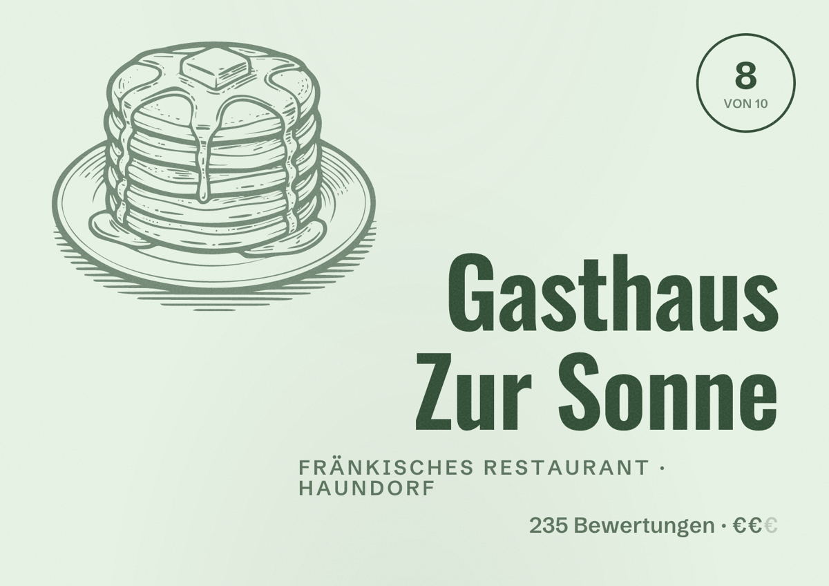 Illustriertes Poster von Gasthaus Zur Sonne, Fränkisches Restaurant in Haundorf: Bewertung 8 von 10 aus 235 Bewertungen, Preisniveau €€