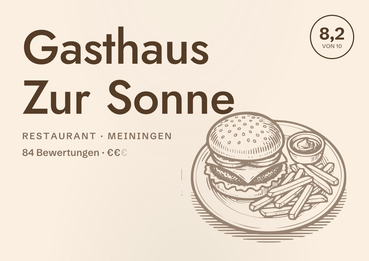 Illustriertes Poster von Gasthaus Zur Sonne, Restaurant in Meiningen: Bewertung 8,2 von 10 aus 84 Bewertungen, Preisniveau €€