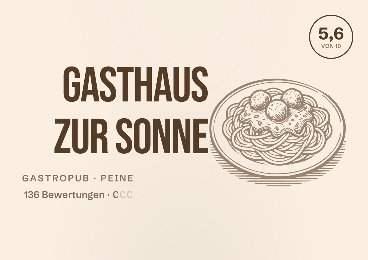 Illustriertes Poster von Gasthaus Zur Sonne, Gastropub in Peine: Bewertung 5,6 von 10 aus 136 Bewertungen, Preisniveau €