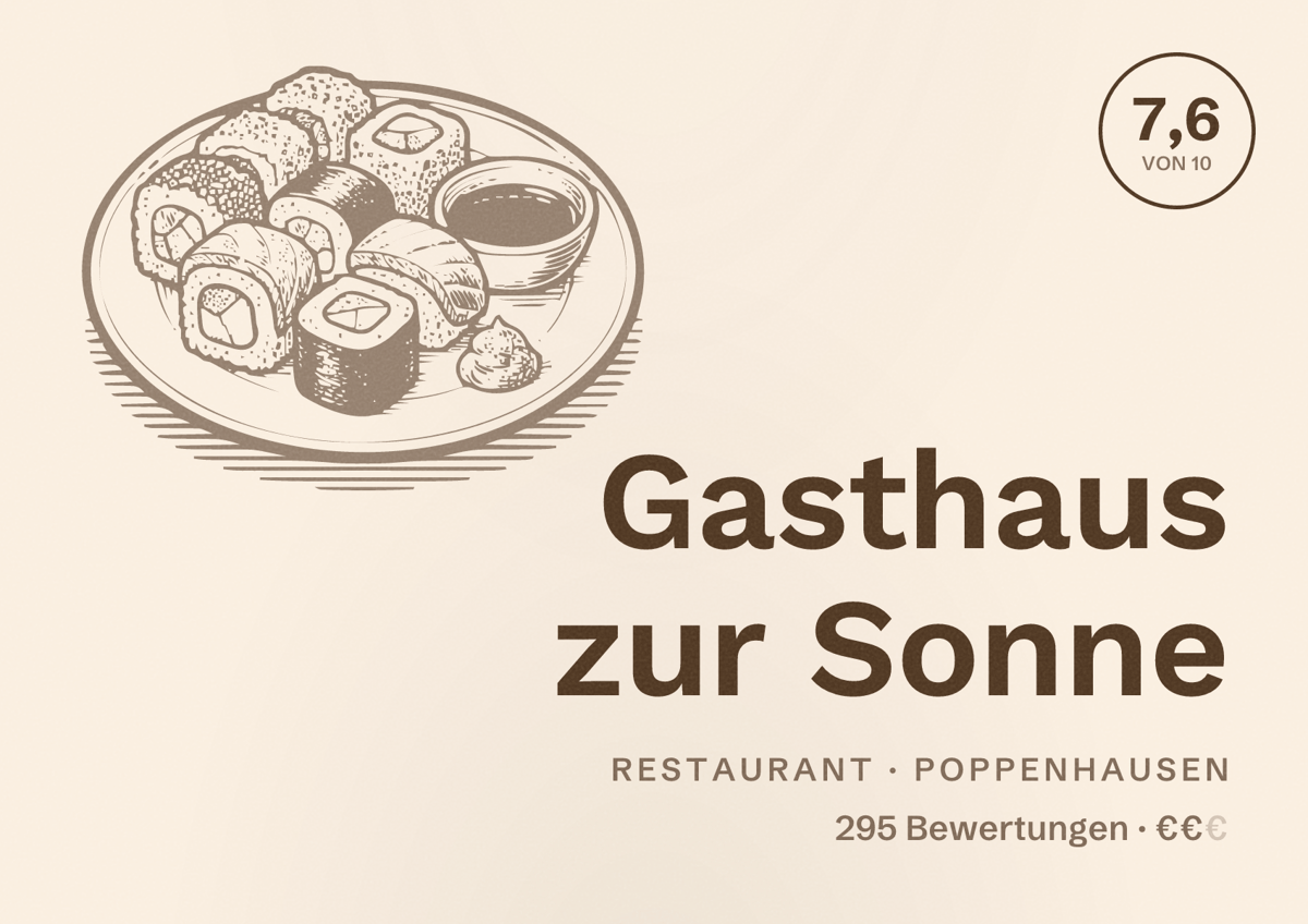 Illustriertes Poster von Gasthaus zur Sonne, Restaurant in Poppenhausen: Bewertung 7,6 von 10 aus 295 Bewertungen, Preisniveau €€