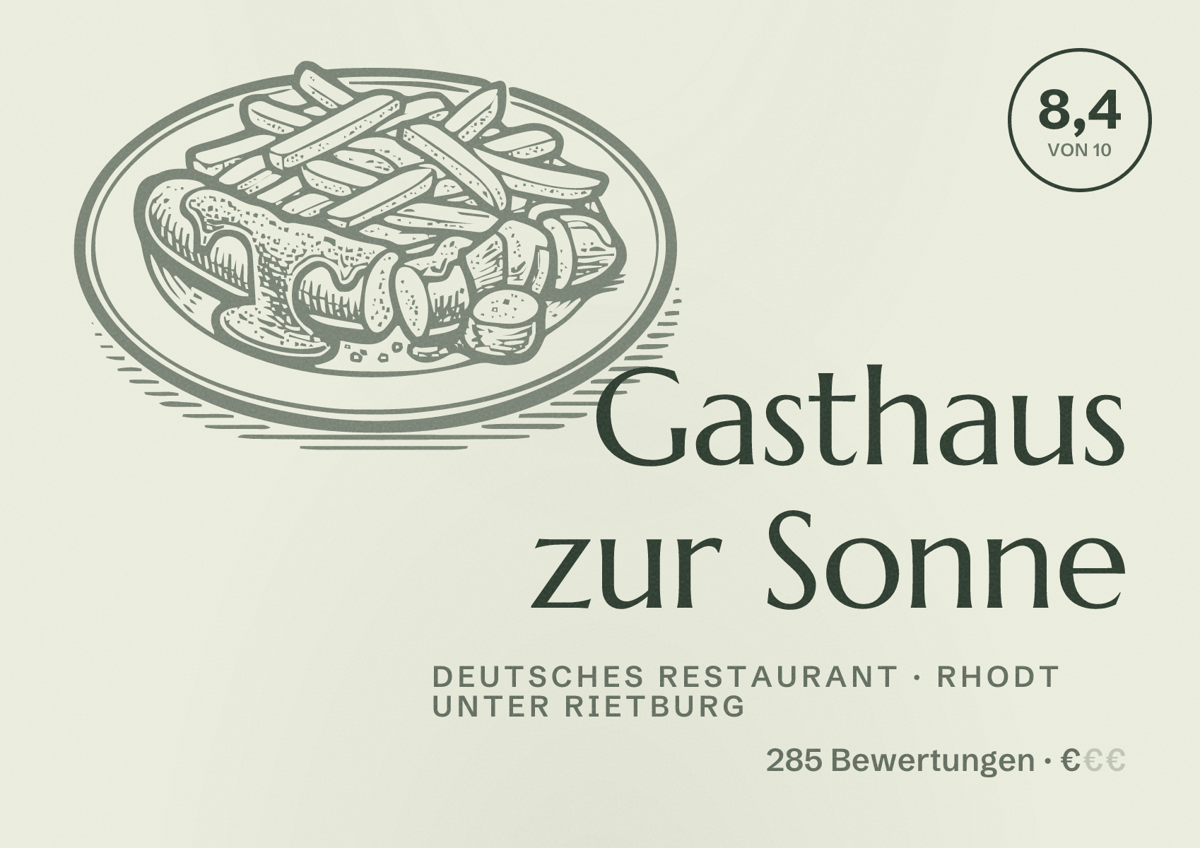 Illustriertes Poster von Gasthaus zur Sonne, Deutsches Restaurant in Rhodt unter Rietburg: Bewertung 8,4 von 10 aus 285 Bewertungen, Preisniveau €