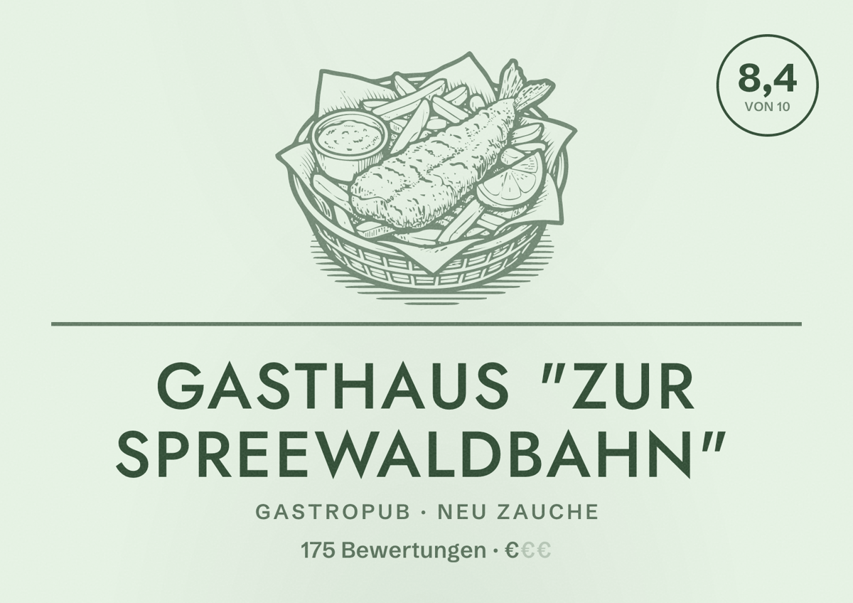 Illustriertes Poster von Gasthaus "Zur Spreewaldbahn", Gastropub in Neu Zauche: Bewertung 8,4 von 10 aus 175 Bewertungen, Preisniveau €