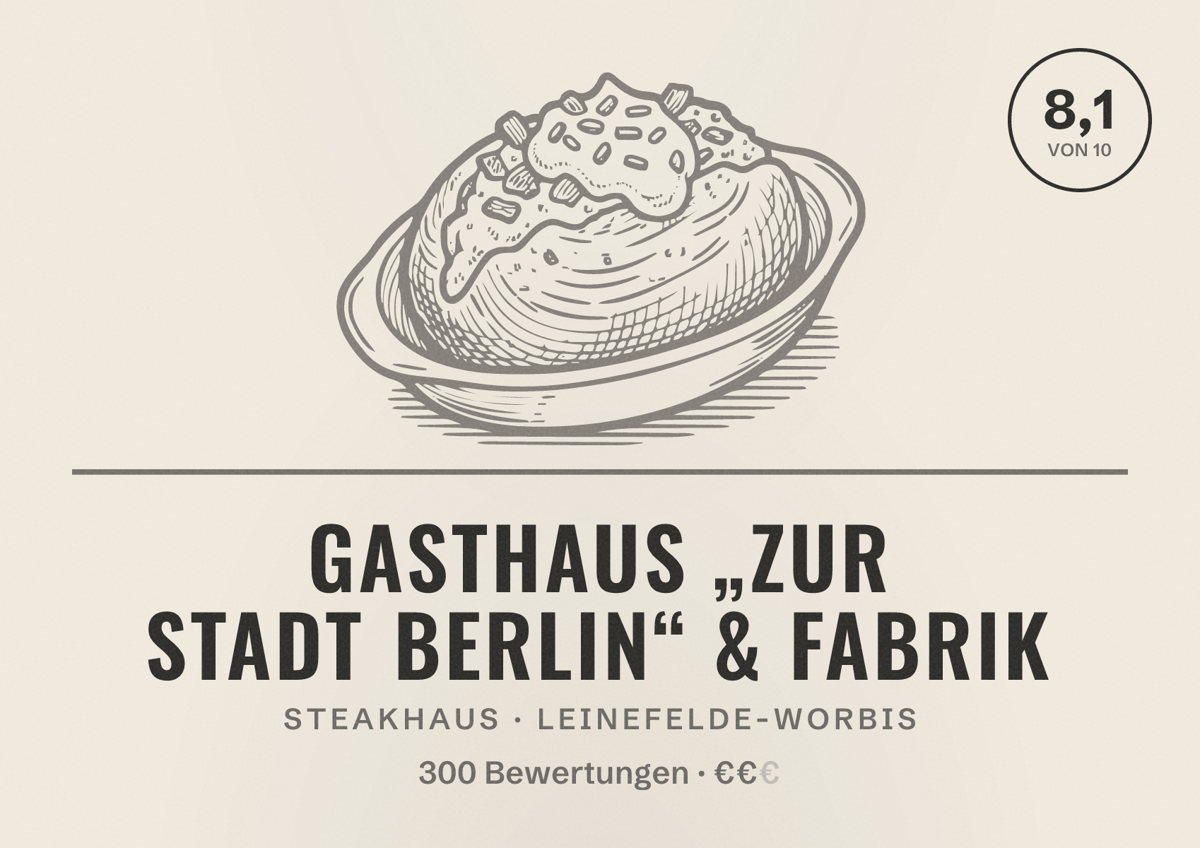Illustriertes Poster von Gasthaus „Zur Stadt Berlin“ & Fabrik, Steakhaus in Leinefelde-Worbis: Bewertung 8,1 von 10 aus 300 Bewertungen, Preisniveau €€