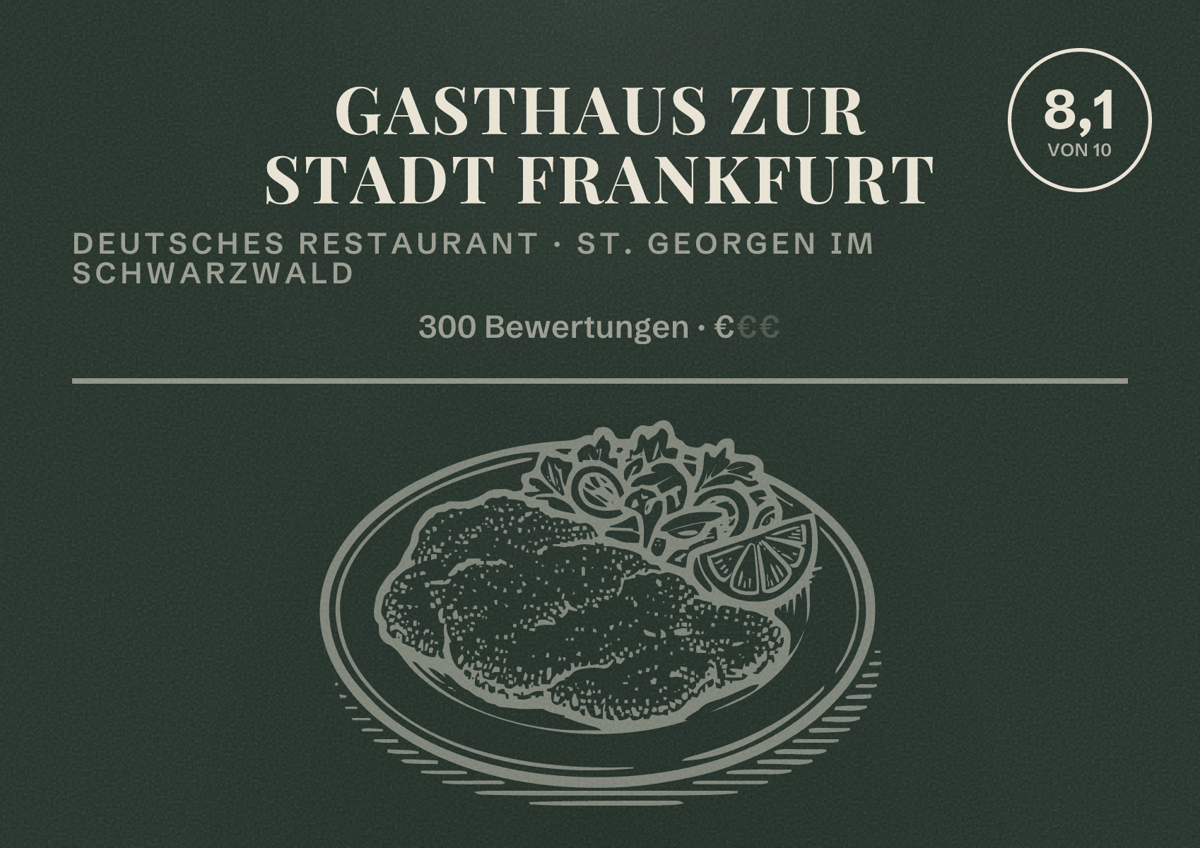 Illustriertes Poster von Gasthaus Zur Stadt Frankfurt, Deutsches Restaurant in St. Georgen im Schwarzwald: Bewertung 8,1 von 10 aus 300 Bewertungen, Preisniveau €