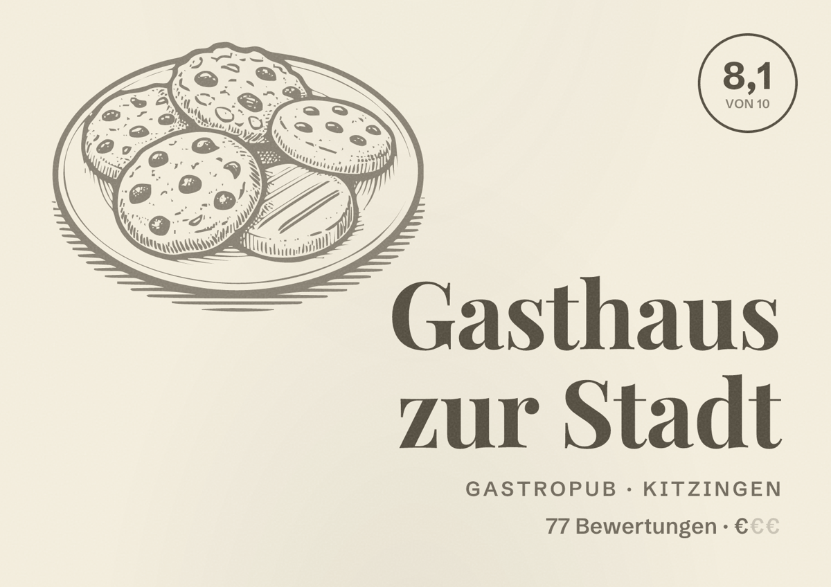 Illustriertes Poster von Gasthaus zur Stadt, Gastropub in Kitzingen: Bewertung 8,1 von 10 aus 77 Bewertungen, Preisniveau €