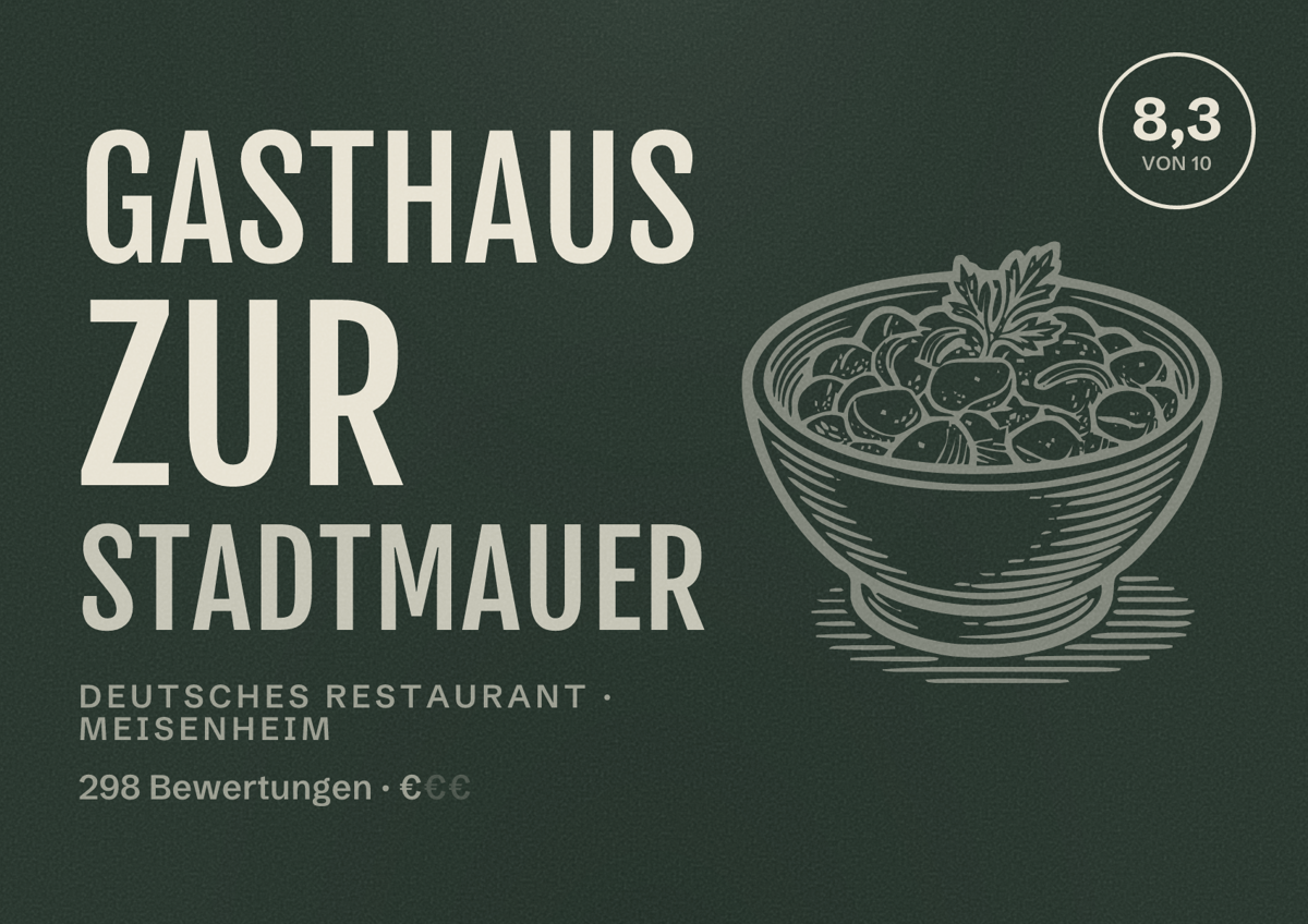Illustriertes Poster von Gasthaus Zur Stadtmauer, Deutsches Restaurant in Meisenheim: Bewertung 8,3 von 10 aus 298 Bewertungen, Preisniveau €