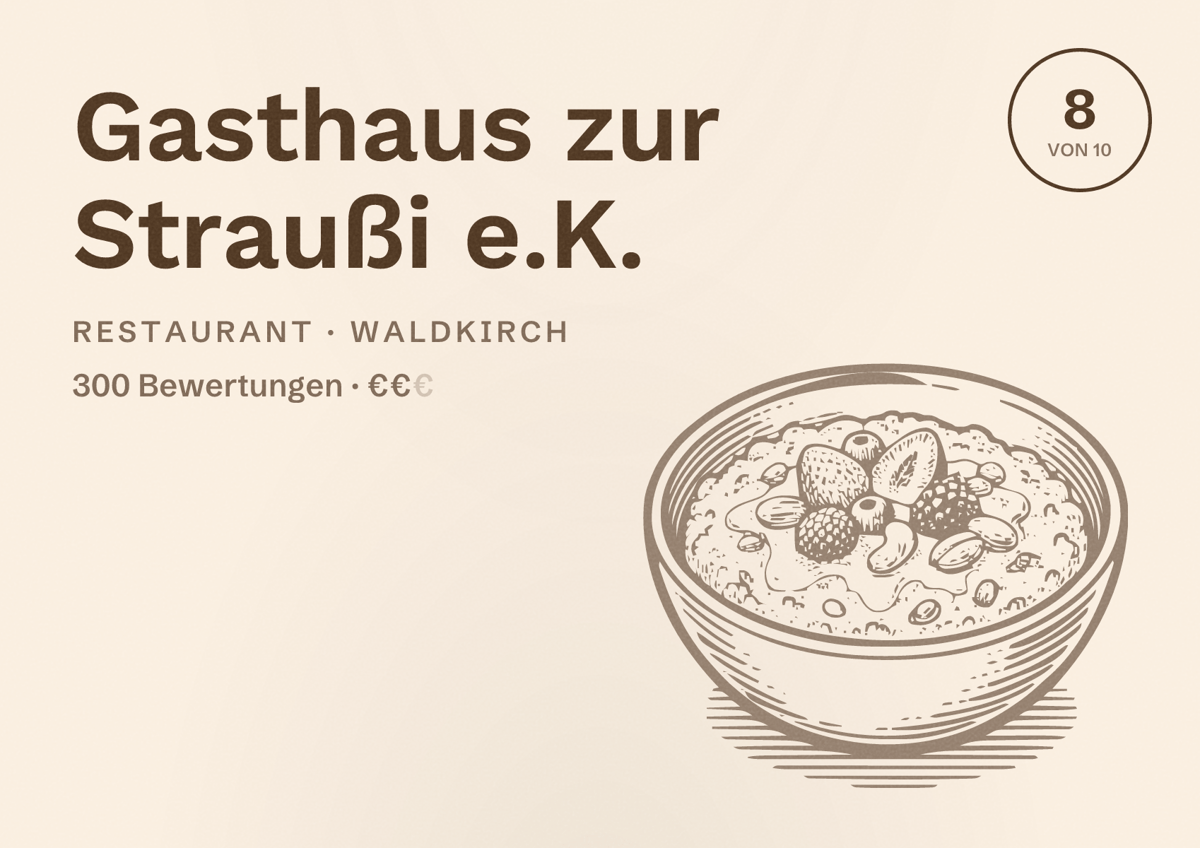 Illustriertes Poster von Gasthaus zur Straußi e.K., Restaurant in Waldkirch: Bewertung 8 von 10 aus 300 Bewertungen, Preisniveau €€