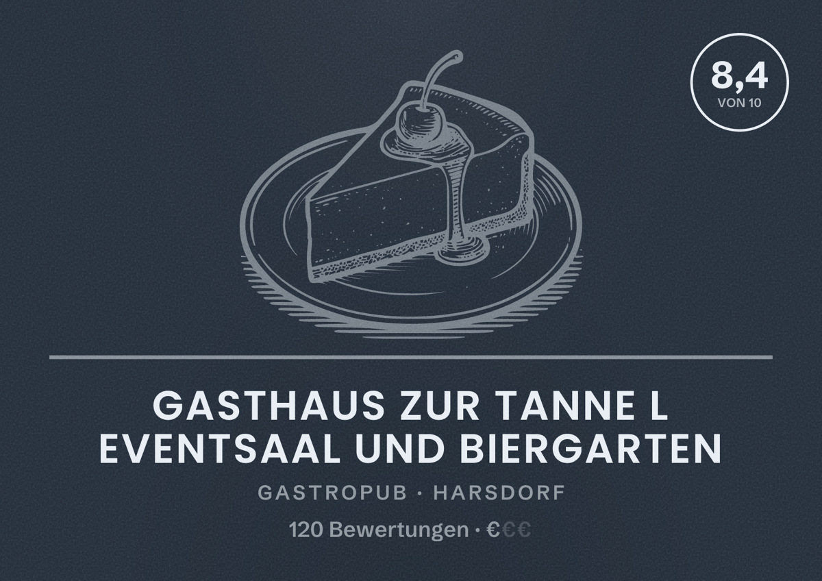 Illustriertes Poster von Gasthaus zur Tanne l Eventsaal und Biergarten, Gastropub in Harsdorf: Bewertung 8,4 von 10 aus 120 Bewertungen, Preisniveau €
