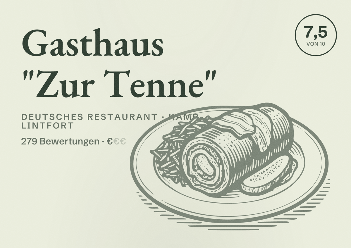 Illustriertes Poster von Gasthaus "Zur Tenne", Deutsches Restaurant in Kamp-Lintfort: Bewertung 7,5 von 10 aus 279 Bewertungen, Preisniveau €