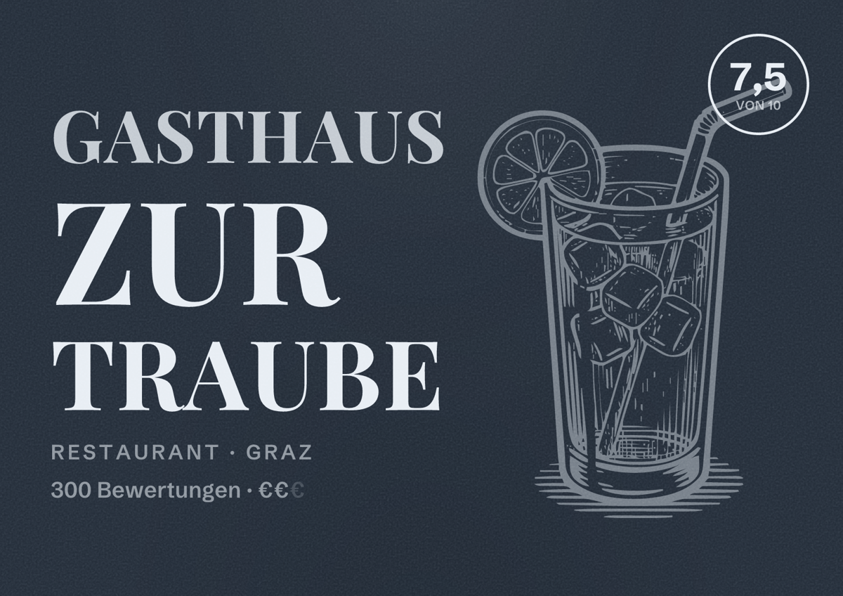 Illustriertes Poster von Gasthaus Zur Traube, Restaurant in Graz: Bewertung 7,5 von 10 aus 300 Bewertungen, Preisniveau €€