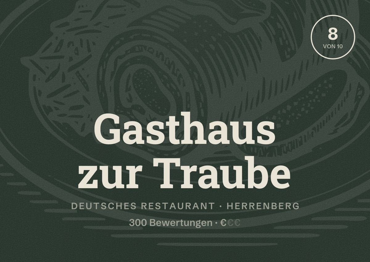 Illustriertes Poster von Gasthaus zur Traube, Deutsches Restaurant in Herrenberg: Bewertung 8 von 10 aus 300 Bewertungen, Preisniveau €