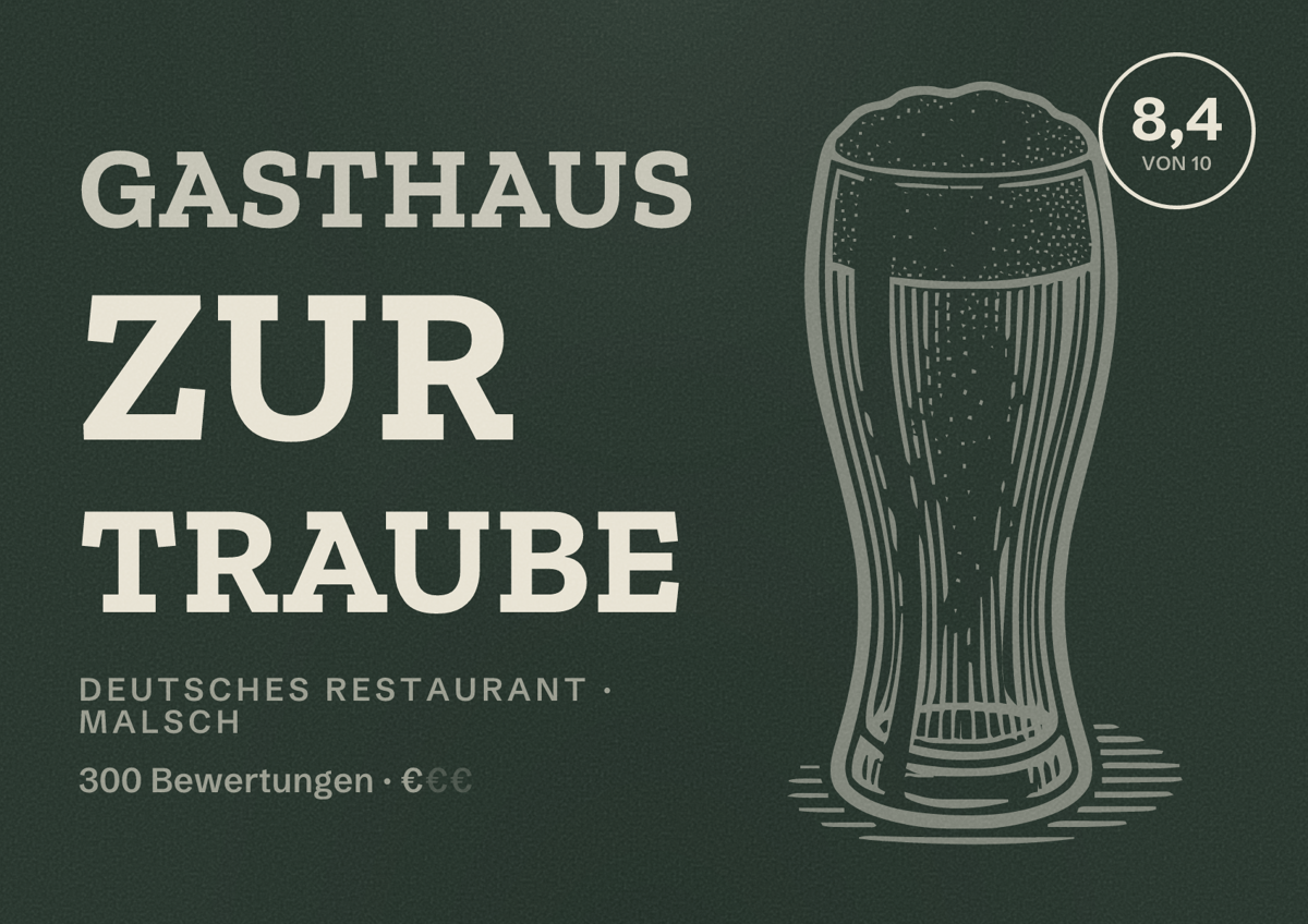 Illustriertes Poster von Gasthaus Zur Traube, Deutsches Restaurant in Malsch: Bewertung 8,4 von 10 aus 300 Bewertungen, Preisniveau €