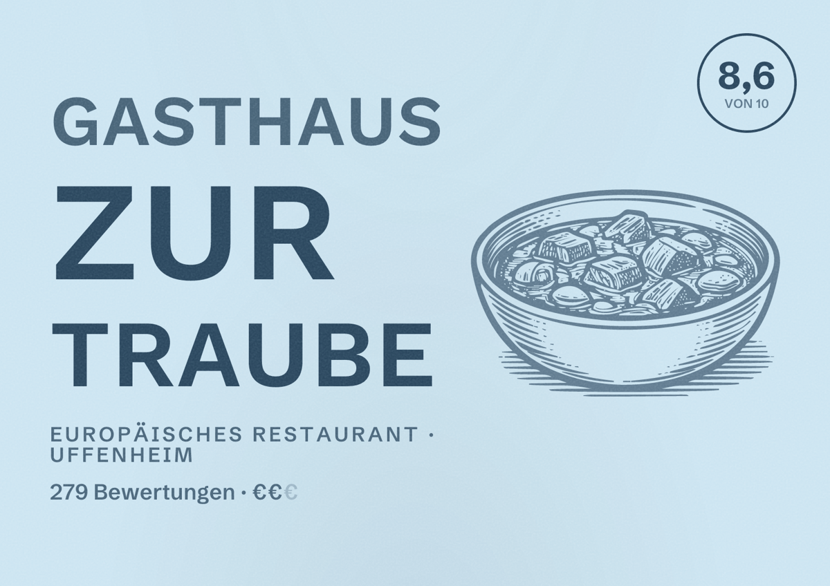 Illustriertes Poster von Gasthaus zur Traube, Europäisches Restaurant in Uffenheim: Bewertung 8,6 von 10 aus 279 Bewertungen, Preisniveau €€