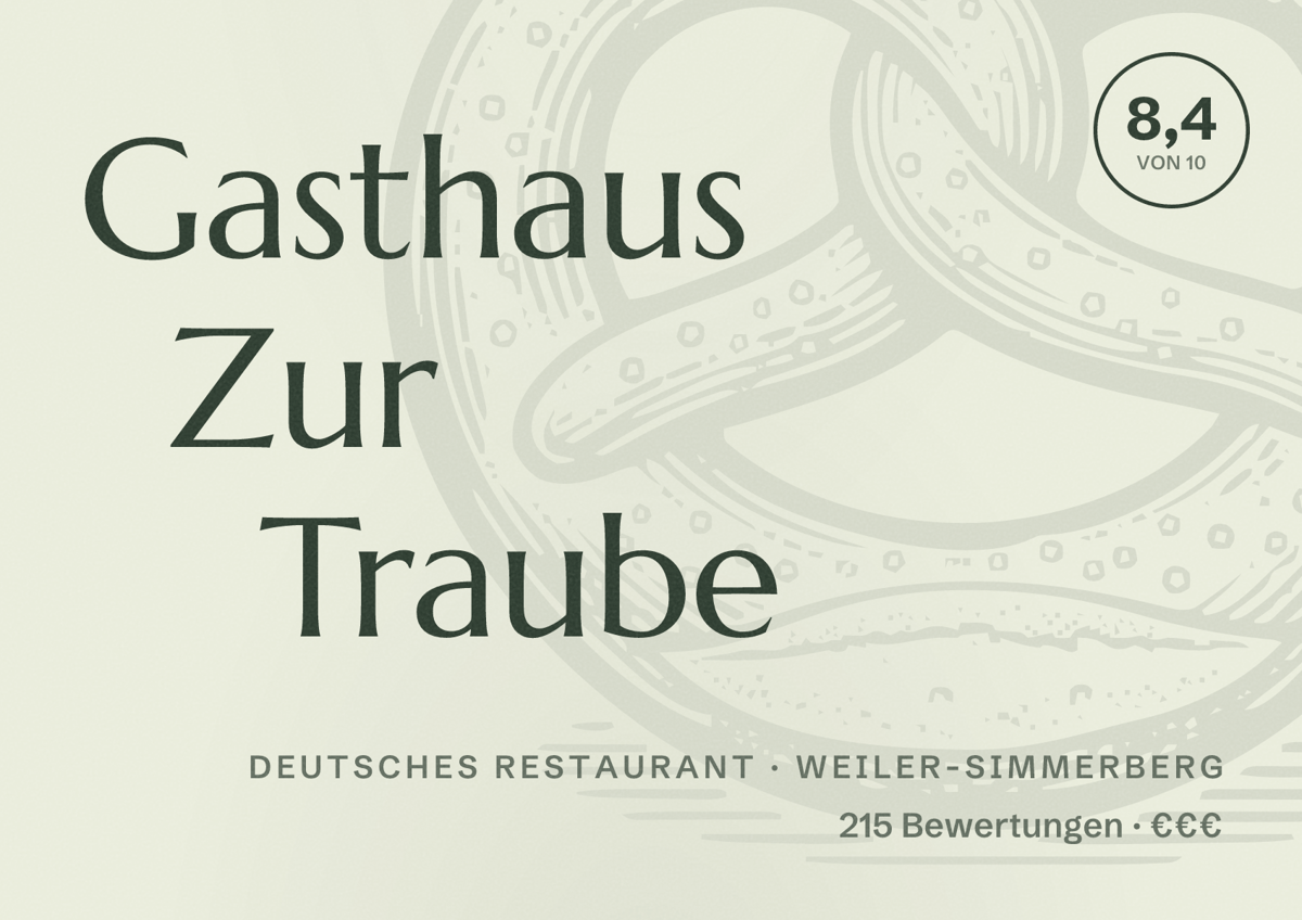 Illustriertes Poster von Gasthaus Zur Traube, Deutsches Restaurant in Weiler-Simmerberg: Bewertung 8,4 von 10 aus 215 Bewertungen, Preisniveau €€€
