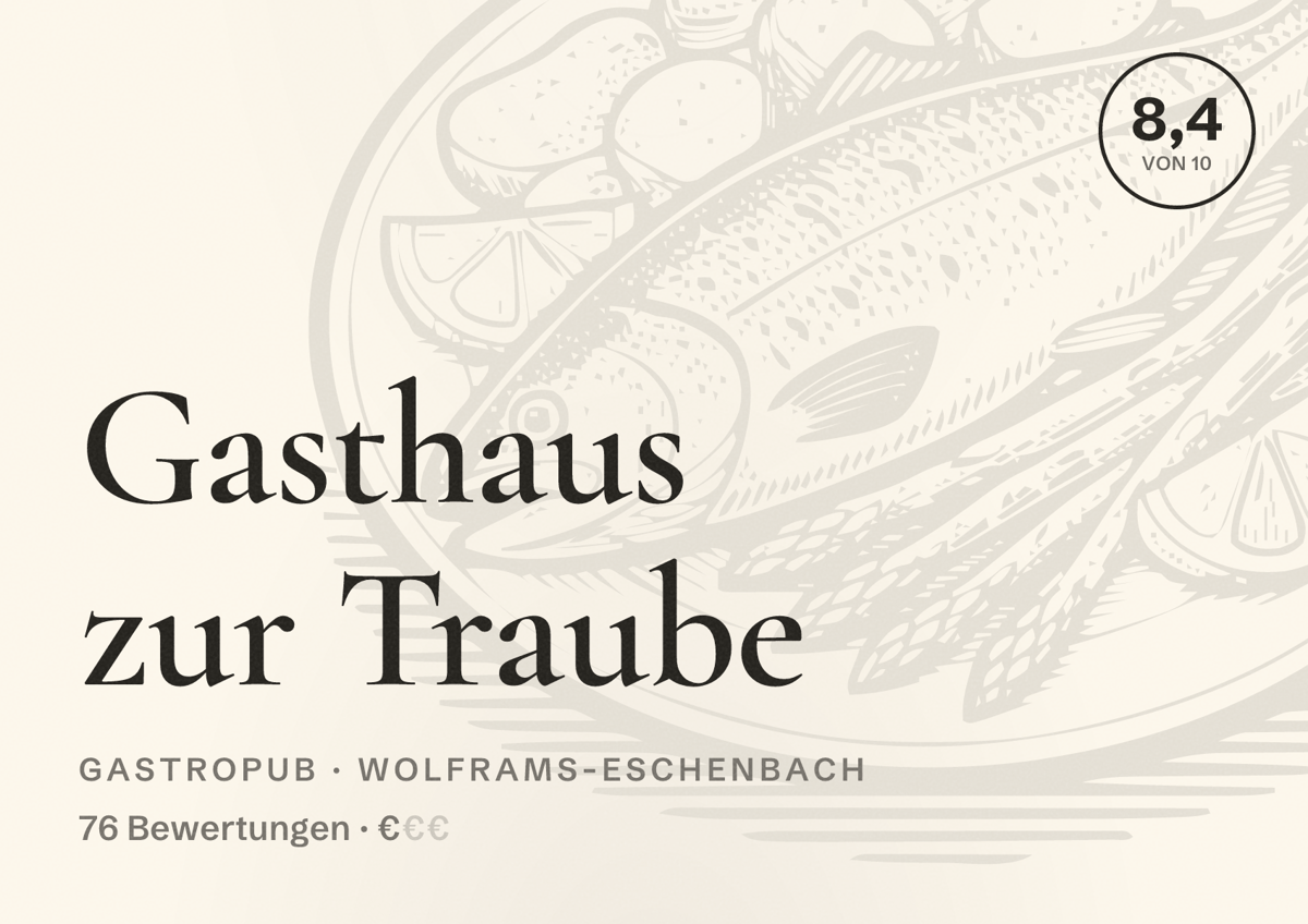 Illustriertes Poster von Gasthaus zur Traube, Gastropub in Wolframs-Eschenbach: Bewertung 8,4 von 10 aus 76 Bewertungen, Preisniveau €