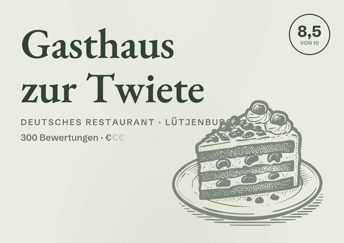 Illustriertes Poster von Gasthaus zur Twiete, Deutsches Restaurant in Lütjenburg: Bewertung 8,5 von 10 aus 300 Bewertungen, Preisniveau €