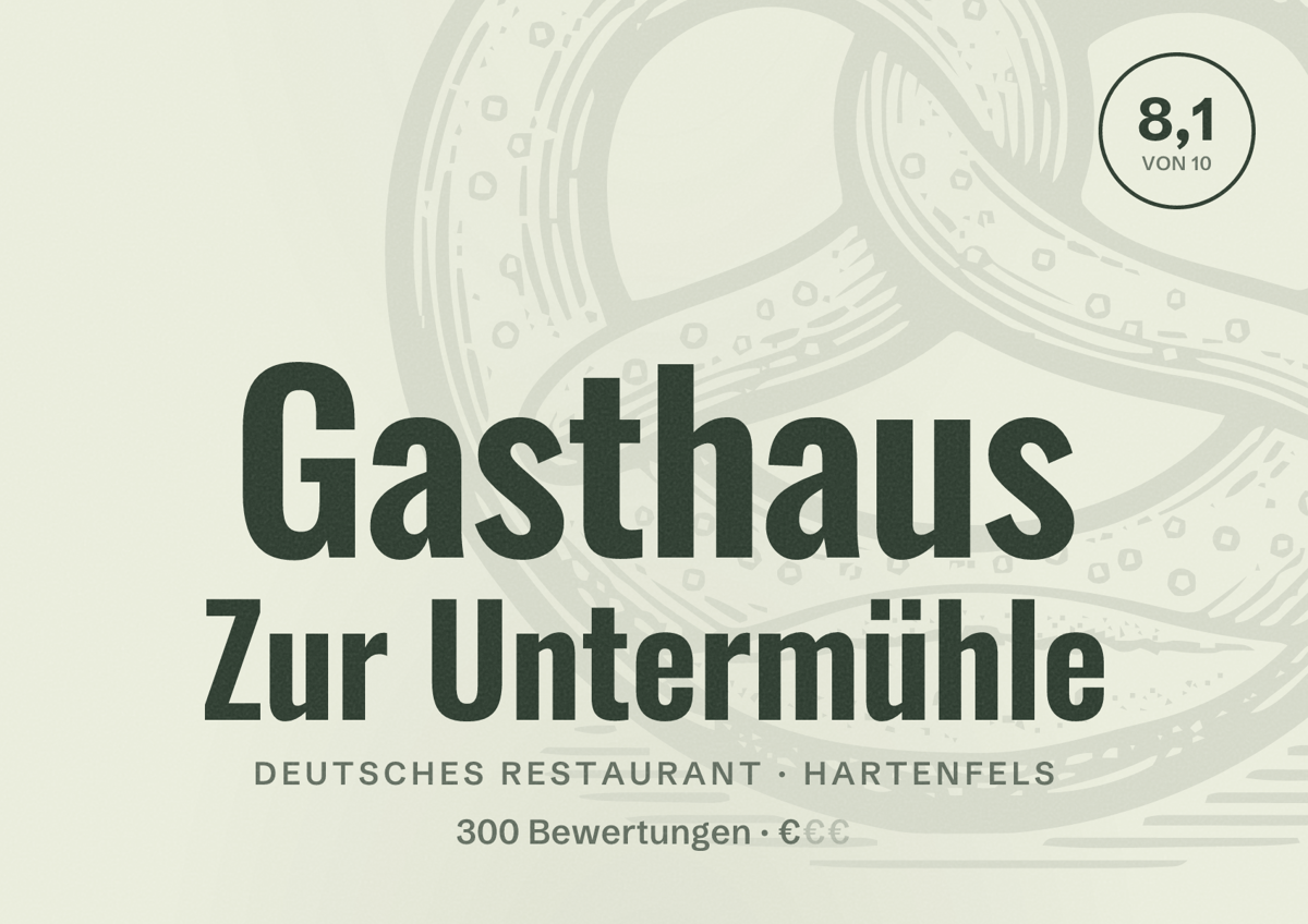 Illustriertes Poster von Gasthaus Zur Untermühle, Deutsches Restaurant in Hartenfels: Bewertung 8,1 von 10 aus 300 Bewertungen, Preisniveau €