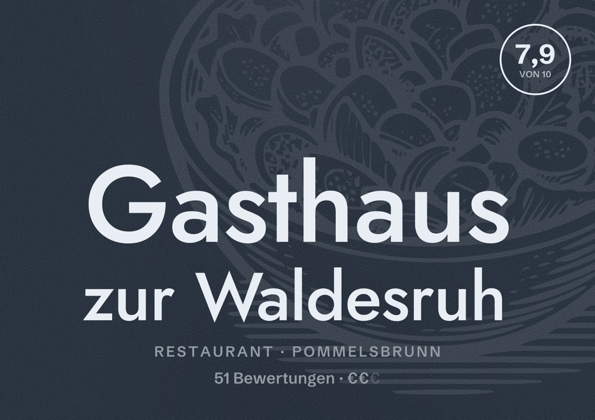 Illustriertes Poster von Gasthaus zur Waldesruh, Restaurant in Pommelsbrunn: Bewertung 7,9 von 10 aus 51 Bewertungen, Preisniveau €€