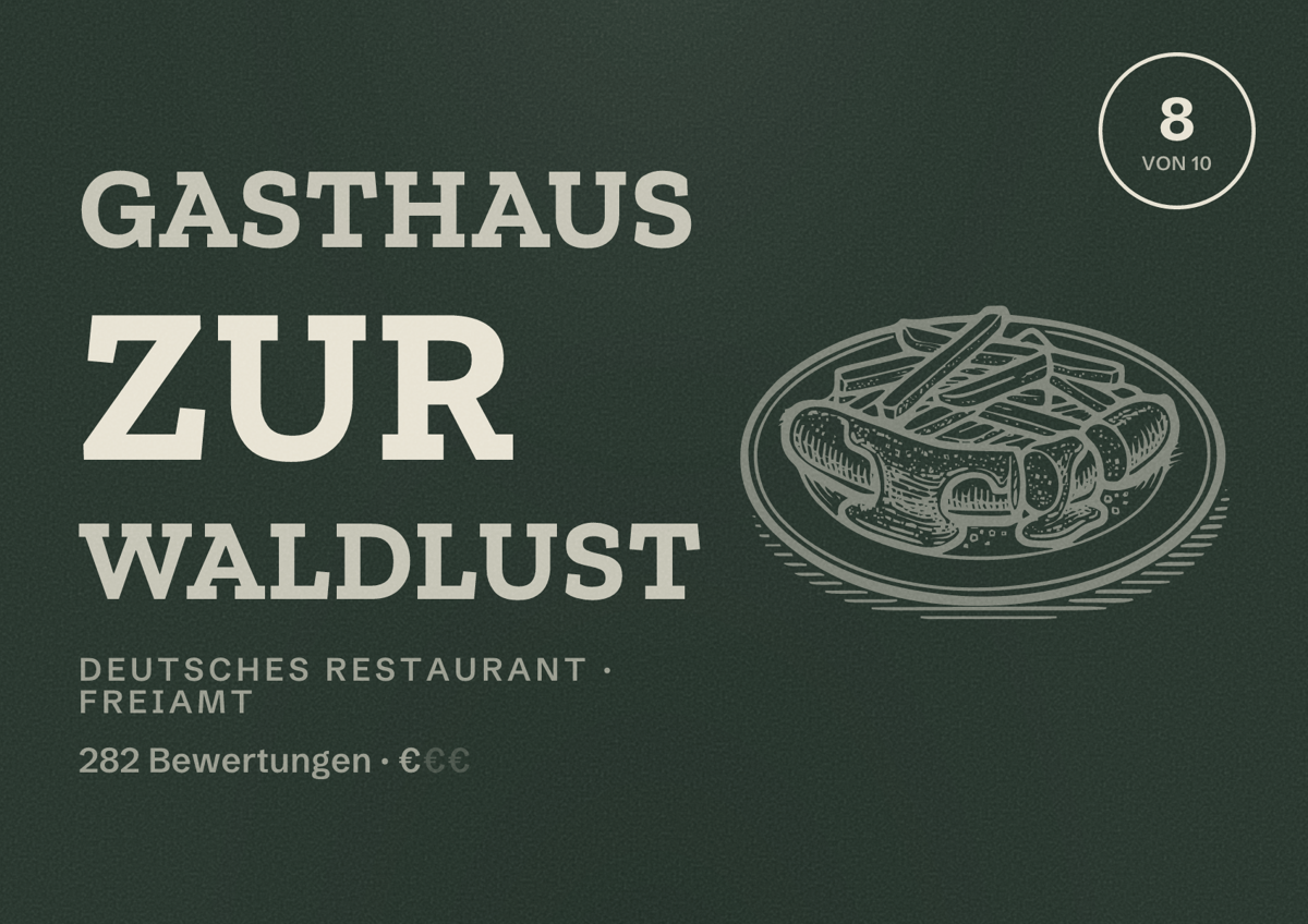 Illustriertes Poster von Gasthaus zur Waldlust, Deutsches Restaurant in Freiamt: Bewertung 8 von 10 aus 282 Bewertungen, Preisniveau €