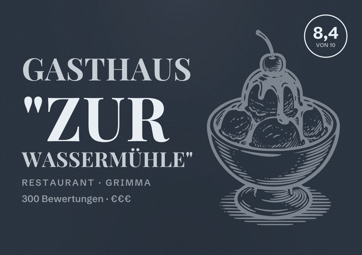 Illustriertes Poster von Gasthaus "Zur Wassermühle", Restaurant in Grimma: Bewertung 8,4 von 10 aus 300 Bewertungen, Preisniveau €€€
