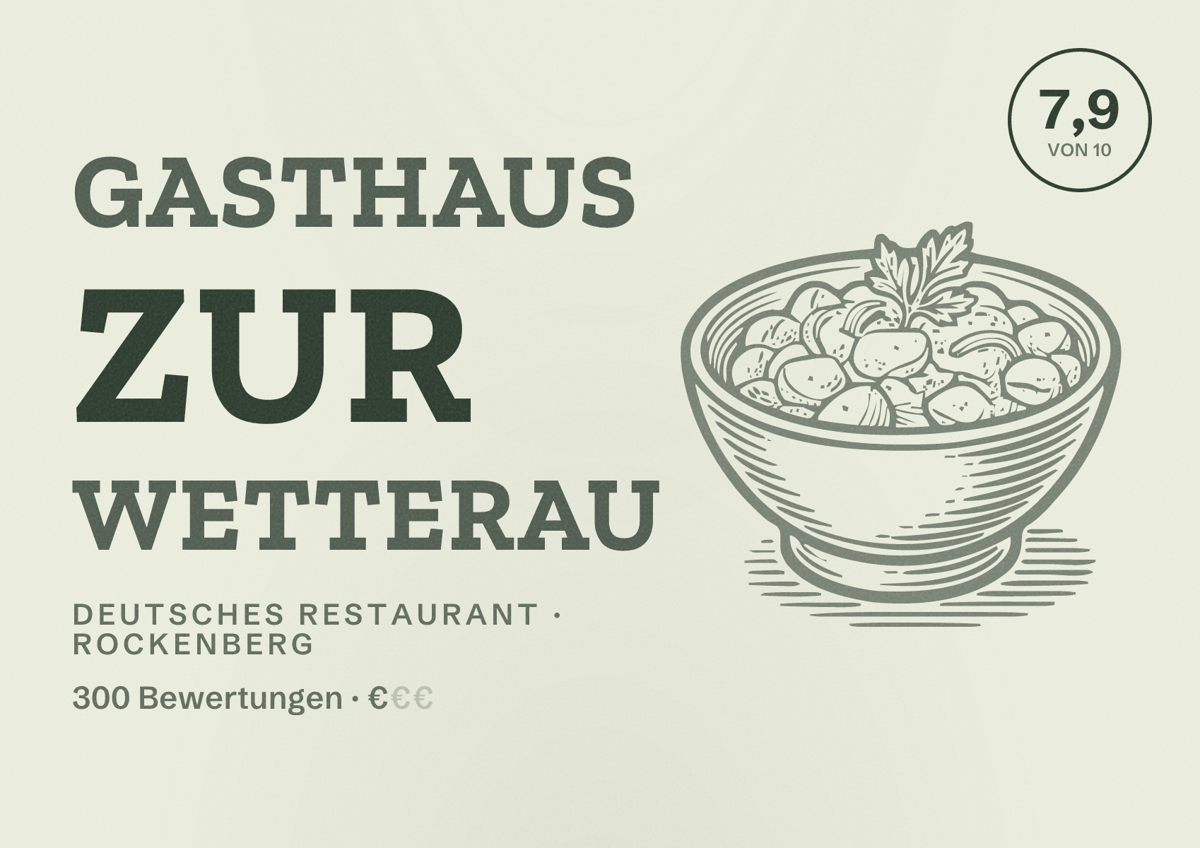 Illustriertes Poster von Gasthaus Zur Wetterau, Deutsches Restaurant in Rockenberg: Bewertung 7,9 von 10 aus 300 Bewertungen, Preisniveau €