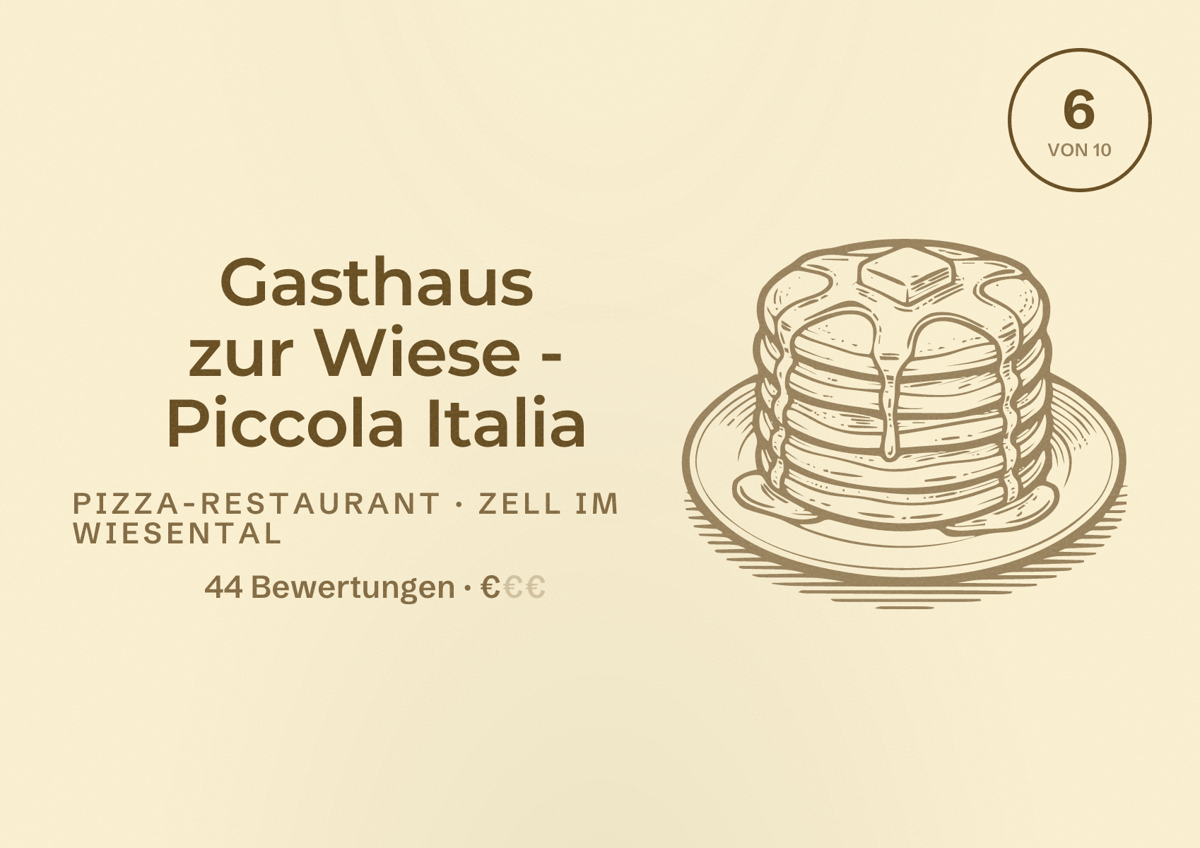 Illustriertes Poster von Gasthaus zur Wiese - Piccola Italia, Pizza-Restaurant in Zell im Wiesental: Bewertung 6 von 10 aus 44 Bewertungen, Preisniveau €