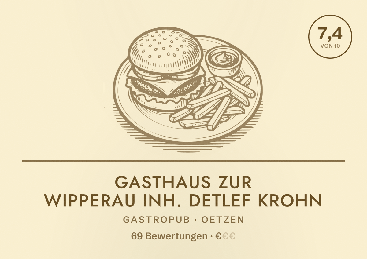 Illustriertes Poster von Gasthaus Zur Wipperau Inh. Detlef Krohn, Gastropub in Oetzen: Bewertung 7,4 von 10 aus 69 Bewertungen, Preisniveau €