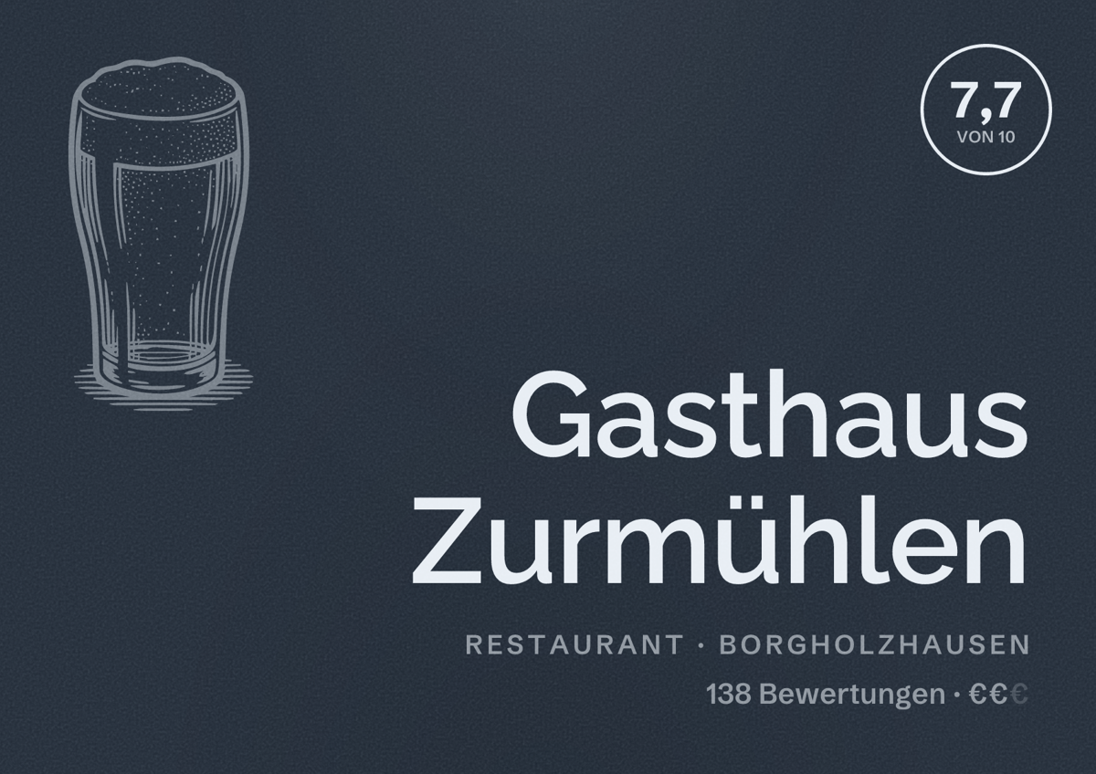 Illustriertes Poster von Gasthaus Zurmühlen, Restaurant in Borgholzhausen: Bewertung 7,7 von 10 aus 138 Bewertungen, Preisniveau €€