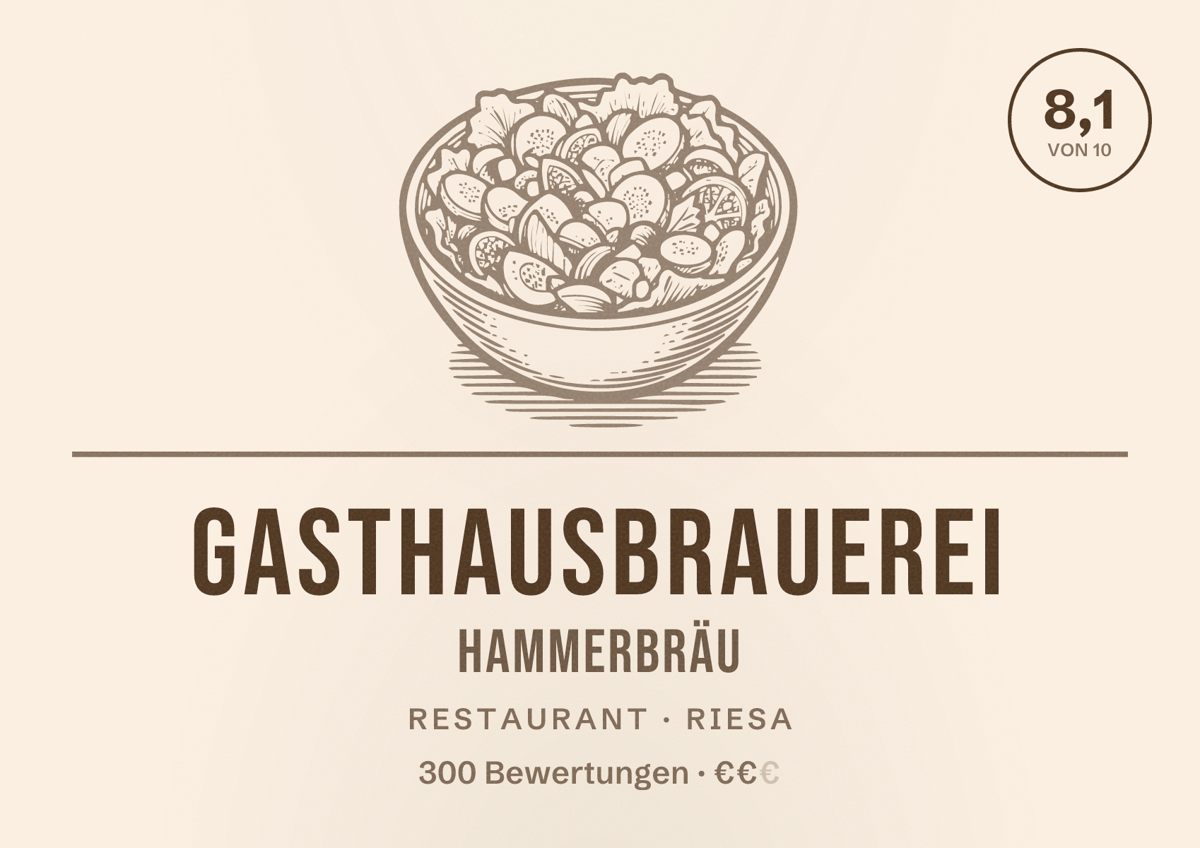 Illustriertes Poster von Gasthausbrauerei HammerBräu, Restaurant in Riesa: Bewertung 8,1 von 10 aus 300 Bewertungen, Preisniveau €€