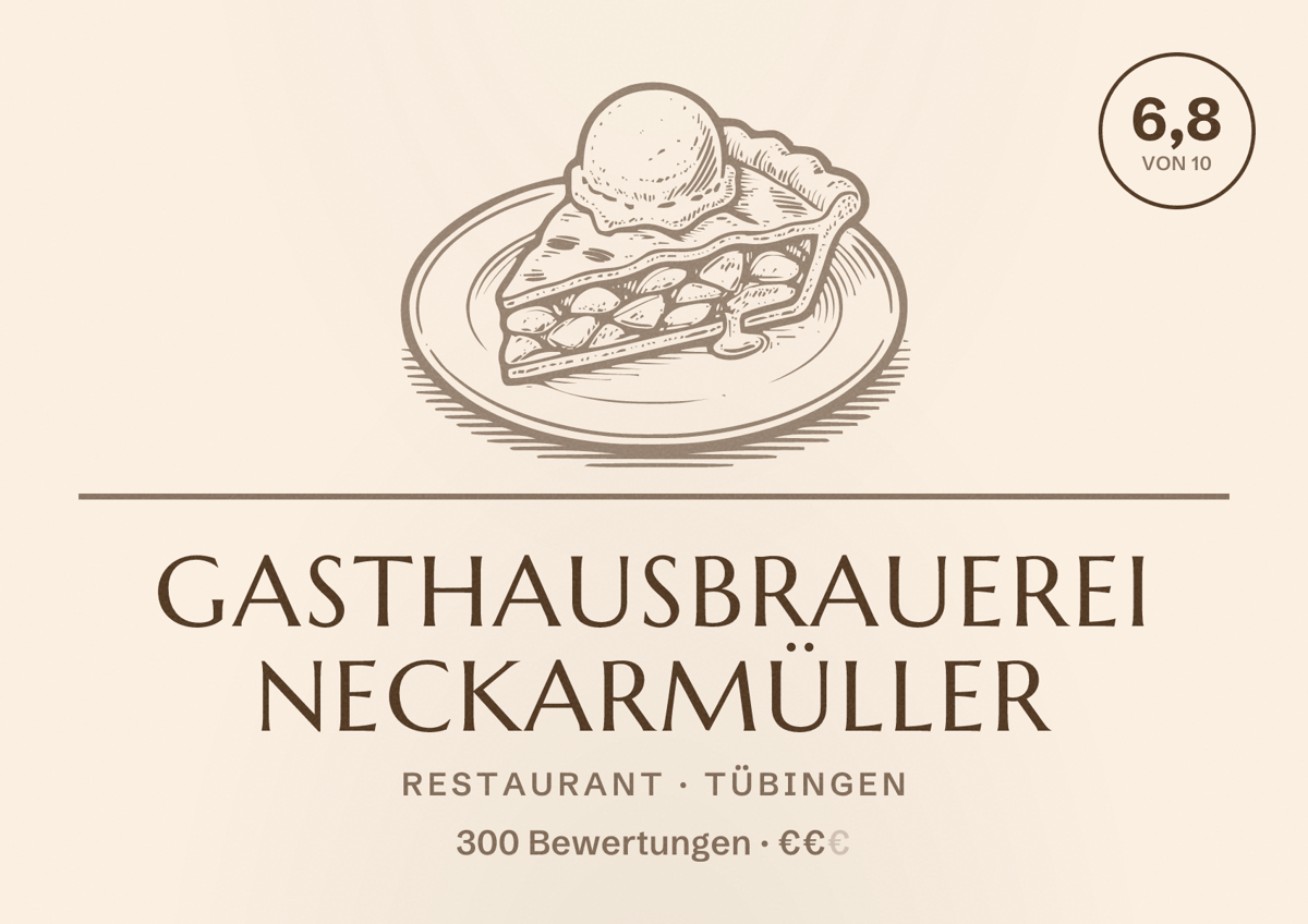 Illustriertes Poster von Gasthausbrauerei Neckarmüller, Restaurant in Tübingen: Bewertung 6,8 von 10 aus 300 Bewertungen, Preisniveau €€
