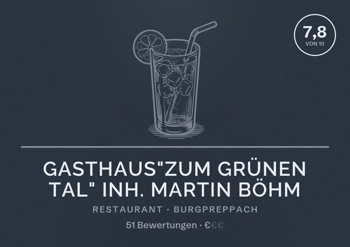 Illustriertes Poster von Gasthaus"Zum grünen Tal" Inh. Martin Böhm, Restaurant in Burgpreppach: Bewertung 7,8 von 10 aus 51 Bewertungen, Preisniveau €