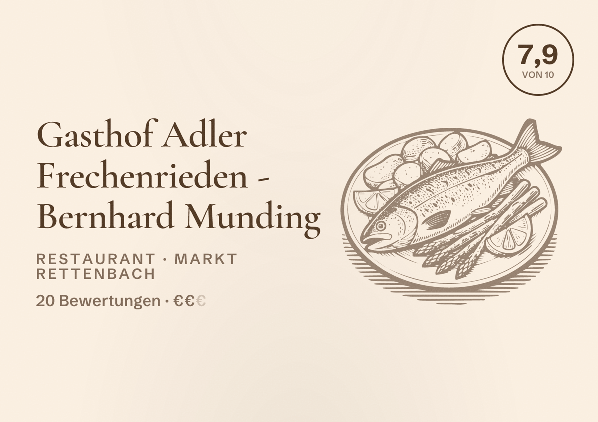 Illustriertes Poster von Gasthof Adler Frechenrieden - Bernhard Munding, Restaurant in Markt Rettenbach: Bewertung 7,9 von 10 aus 20 Bewertungen, Preisniveau €€
