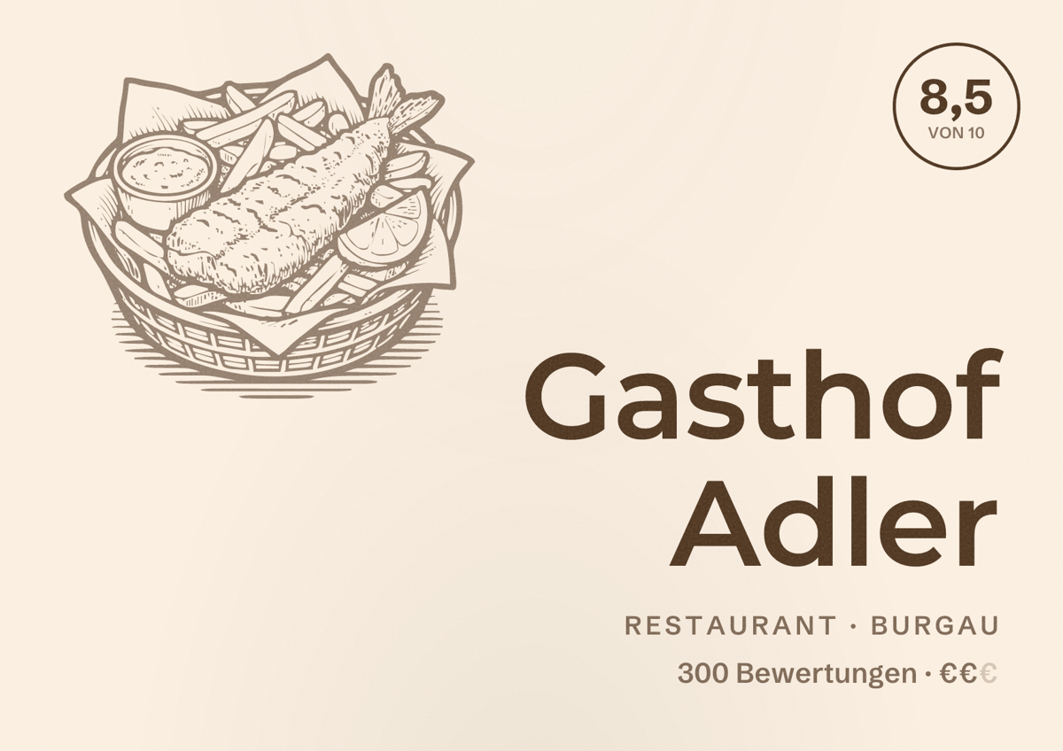 Illustriertes Poster von Gasthof Adler, Restaurant in Burgau: Bewertung 8,5 von 10 aus 300 Bewertungen, Preisniveau €€