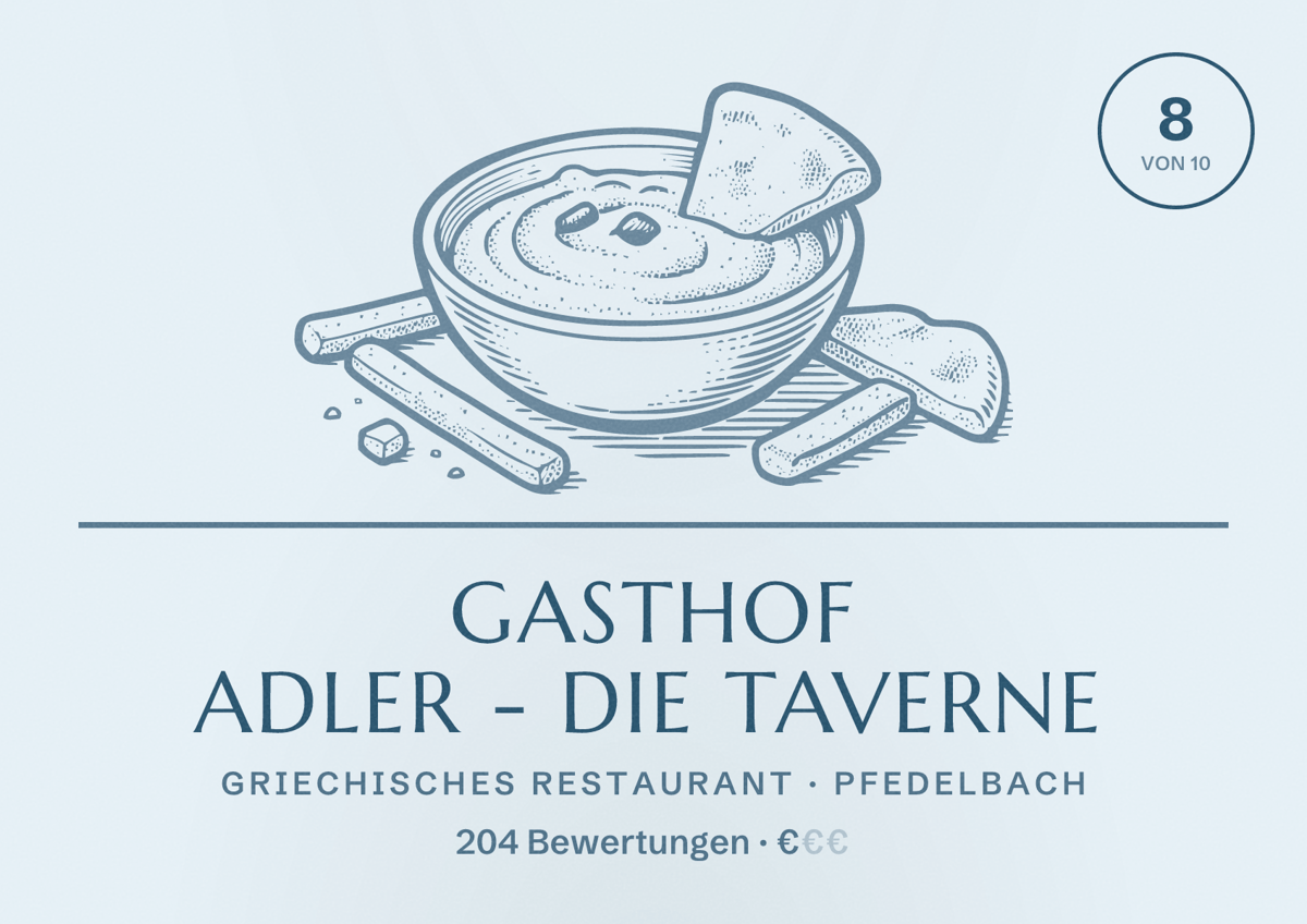 Illustriertes Poster von Gasthof Adler - Die Taverne, Griechisches Restaurant in Pfedelbach: Bewertung 8 von 10 aus 204 Bewertungen, Preisniveau €