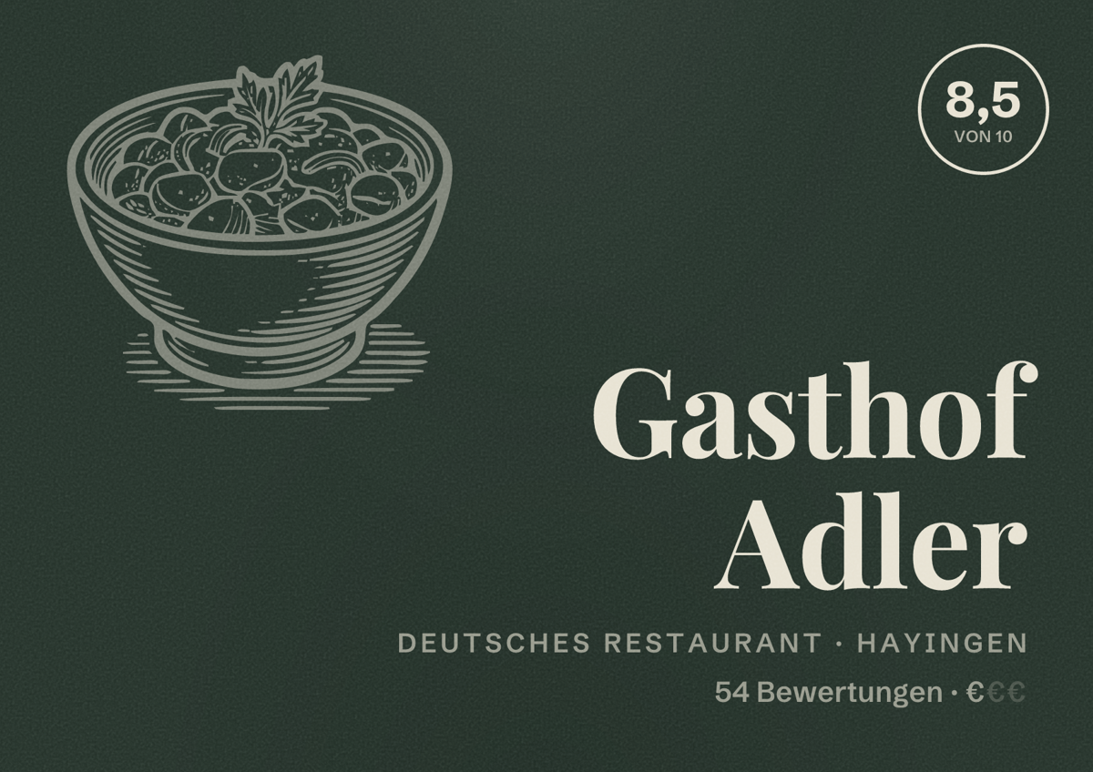 Illustriertes Poster von Gasthof Adler, Deutsches Restaurant in Hayingen: Bewertung 8,5 von 10 aus 54 Bewertungen, Preisniveau €