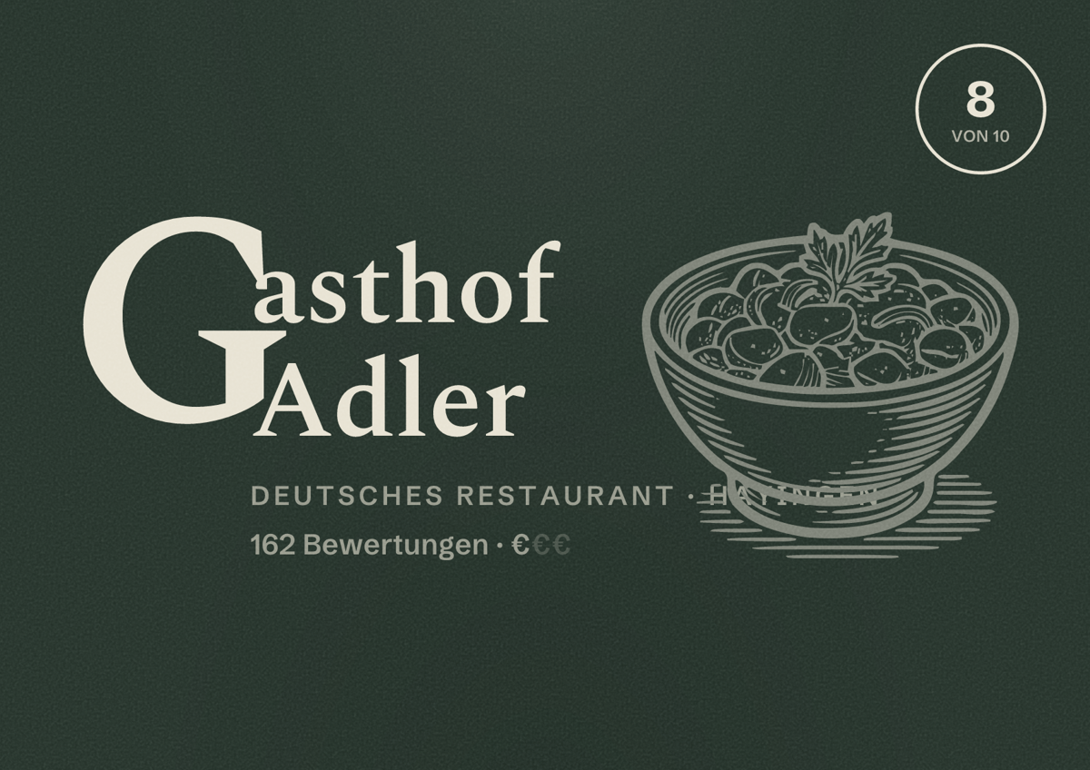 Illustriertes Poster von Gasthof Adler, Deutsches Restaurant in Hayingen: Bewertung 8 von 10 aus 162 Bewertungen, Preisniveau €